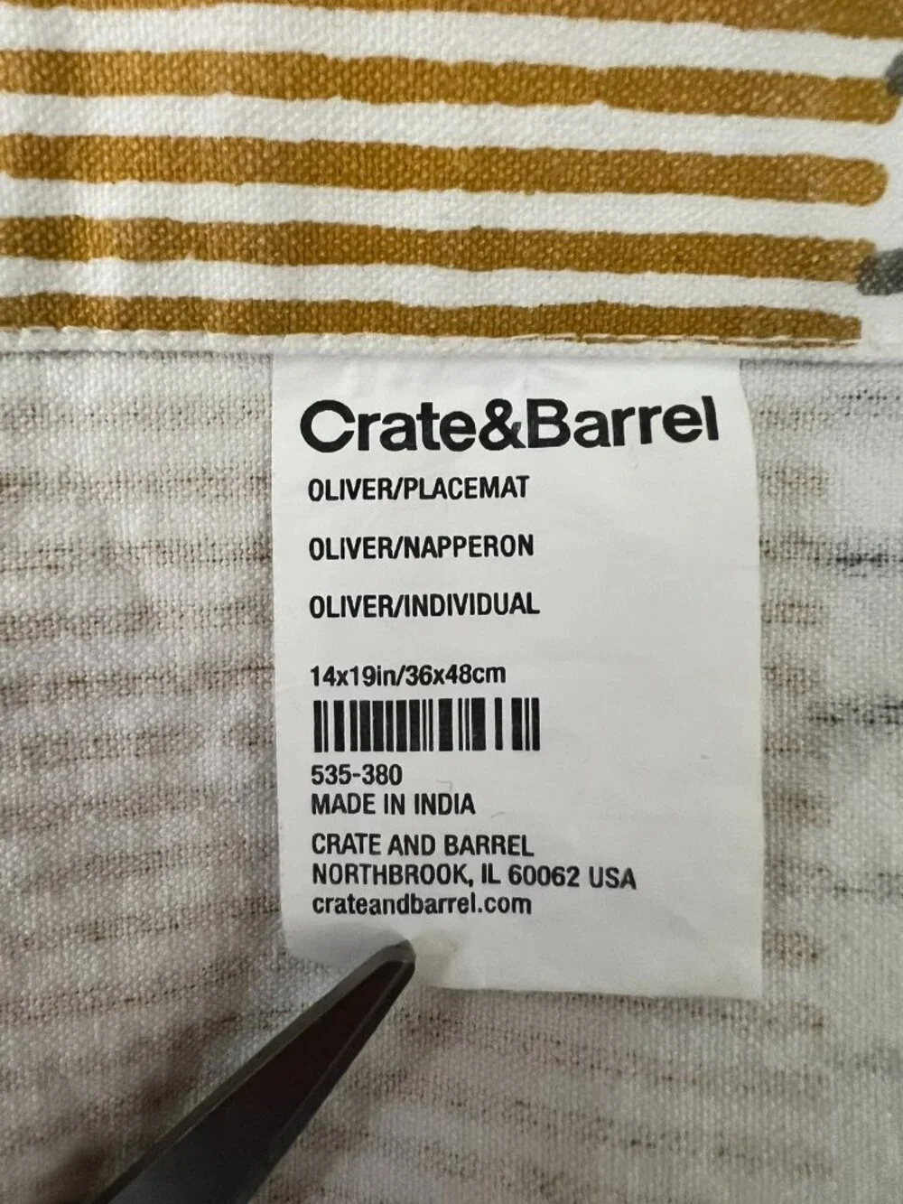 Crate & Barrel Oliver White Gray Mustard Stripe Placemats Set of 3 Cotton 14x19